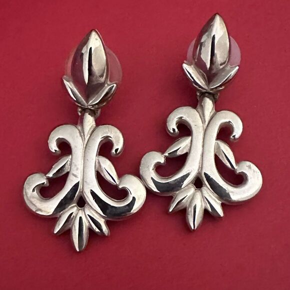 Givenchy Vintage Silver Plated Fleur-de-Lis Drop Pierced Earrings ✨ - Picture 1 of 5
